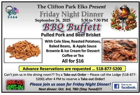 Elks Friday Night Dinner - BBQ Buffett, 695 MacElroy Rd, Ballston Lake ...