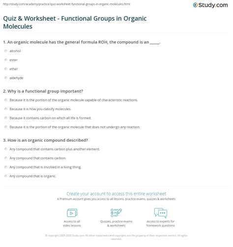 Quiz & Worksheet - Functional Groups in Organic Molecules | Study.com