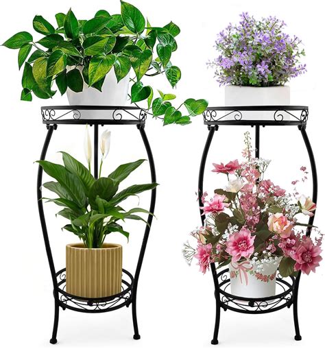 Amazon.com : 2 Pack Plant Stand Indoor Outdoor, 2 Tier Tall Black Metal Rustproof Stable Plant ...