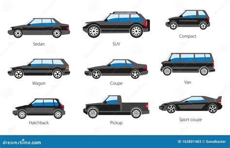Vehicle Body Types, Car Carcass Shape and Model Names Isolated Icons ...