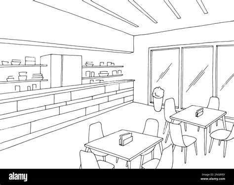 Cafe interior fast food court graphic black white sketch illustration vector Stock Vector Image ...