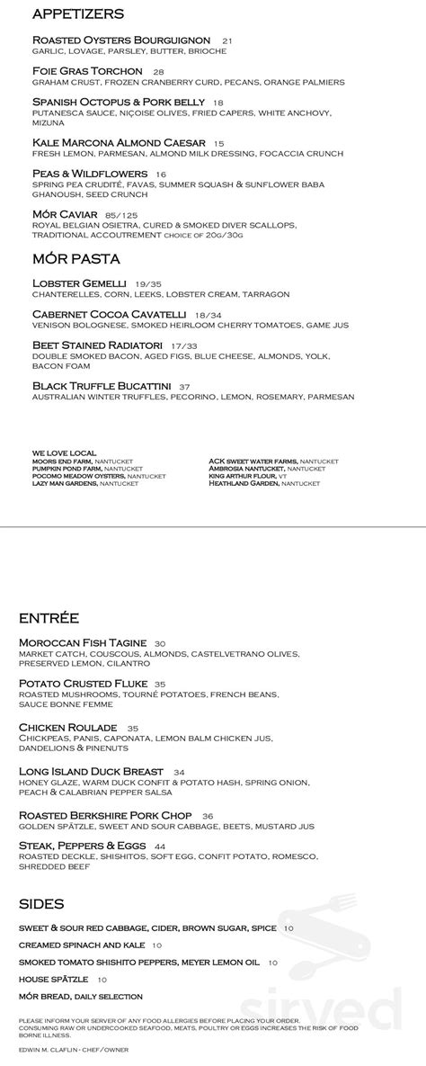 Oran Mor menu in Nantucket, Massachusetts, USA