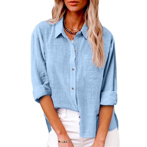 Linen Shirts for Women Long Sleeve Lapel Button Down Blouse Lightweight ...