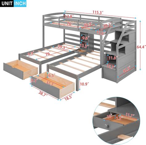 Bellemave Triple Bunk Bed with Stairs & Drawers, Twin Over India | Ubuy