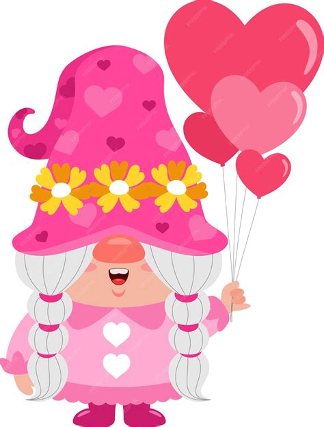 Premium Vector | Cute valentine female gnome cartoon character with heart balloons
