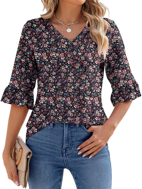 UVN Womens Tunic Blouses, Floral Print Summer Tops, V-Neck, 3/4 Ruffle ...