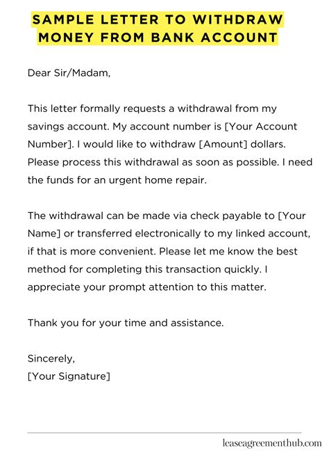 Sample Letter To Withdraw Money From Bank Account