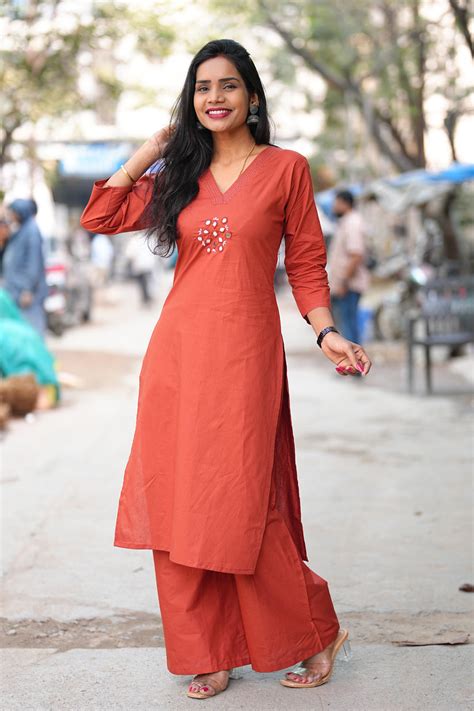 Rust Red Color Office Wear Cord Set With Mirror Work and Palazzo Pant ...