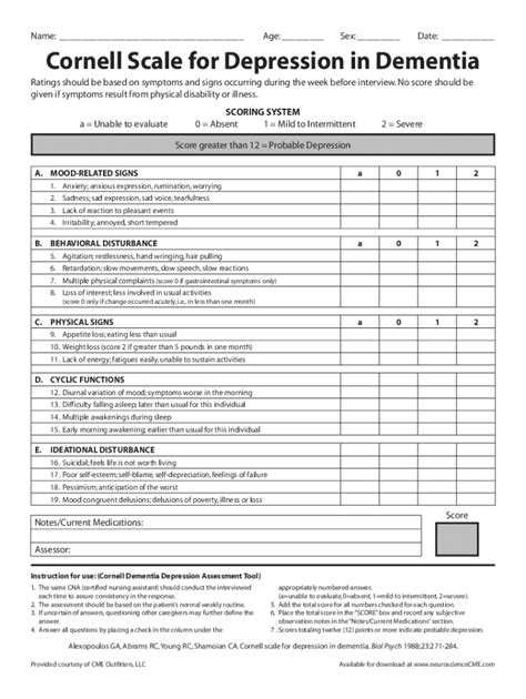 Cornell Scale for Depression in Dementia - Blank Fillable Template ...