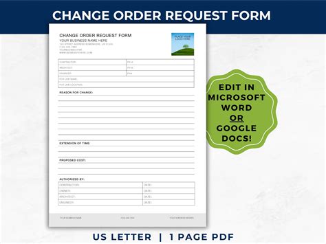 Change Order Request Form WORD Template, Contractor, Construction ...