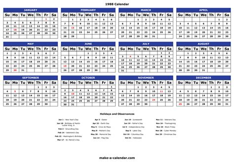 1988 Calendar - Free Yearly Printable