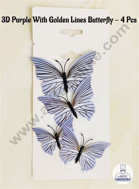 Home CAKE DECOR™ 4 Pcs 3D Purple Butterfly With Golden Lines Paper ...
