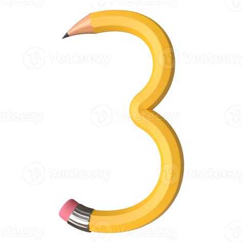 Realistic 3d rendering of Alphabet Number 3, pencil shape in yellow ...