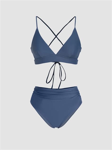 V-neck Tie Back Tummy Control Bikini Swimsuit - Cider