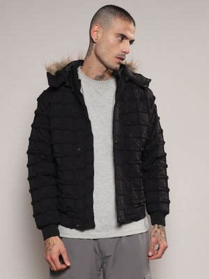 Buy Campus Sutra Mens Carbon Black Self-Design Puffer Hoodie Online