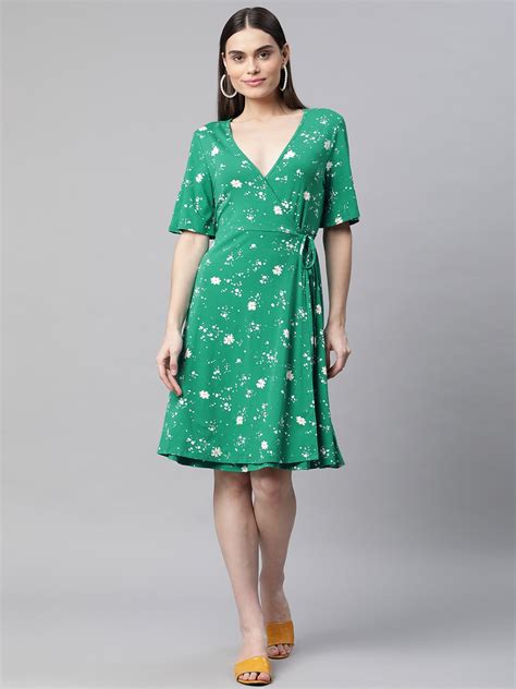 Buy Marks & Spencer Green & White Jersey Floral Print Knee Length Wrap ...