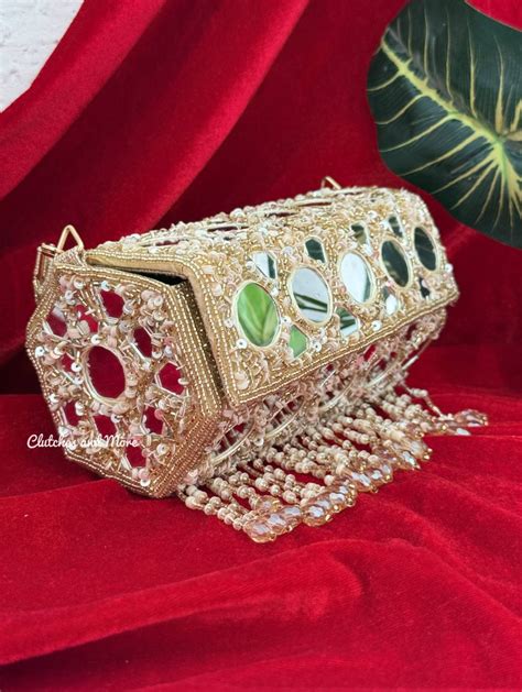 Cylindrical Mirror Bag with Tassles Gold| Clutches and More