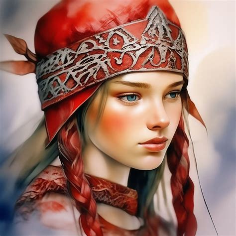 "Beautiful girl's headdress, vikings, folklore, leather wide embossed headband, red braids ...