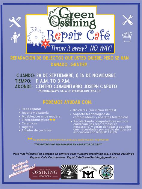 Repair Cafe in Spanish Flyer Sept 28 2024 - Green Ossining Committee
