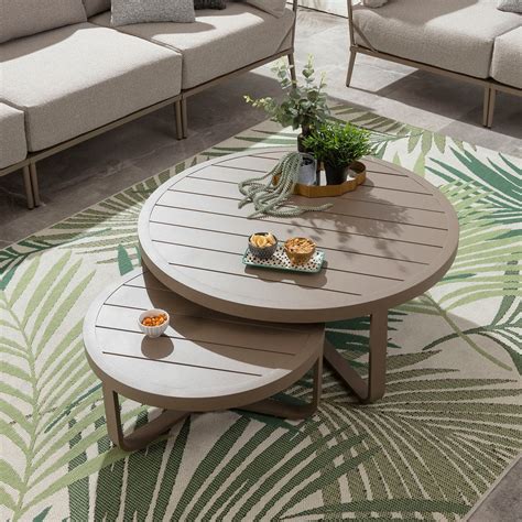 Round Nesting Outdoor Garden Coffee Table Set of 2 Beige Aluminium ...