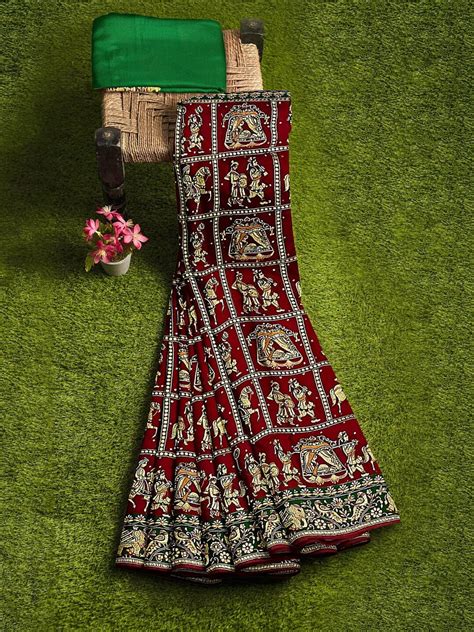 Red And Green Embroidered Gharchola Saree in Synthetic Gaji Silk ...