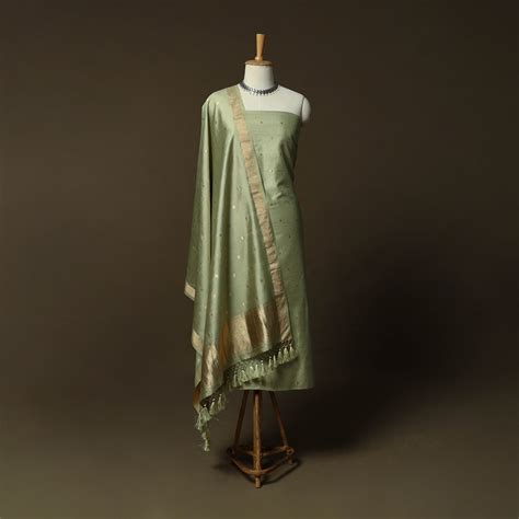 Green Banarasi Handwoven Muga Silk Zari Meena Buti 3pc Unstitched Dress ...