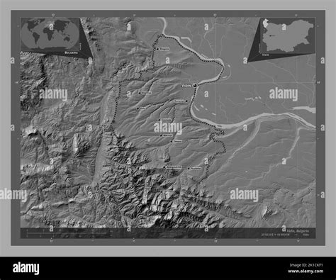 Vidin, province of Bulgaria. Bilevel elevation map with lakes and rivers. Locations and names of ...