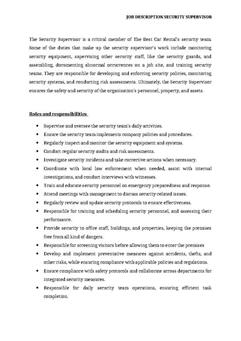 System Security Supervisor Job Description at Tyson Walsh blog