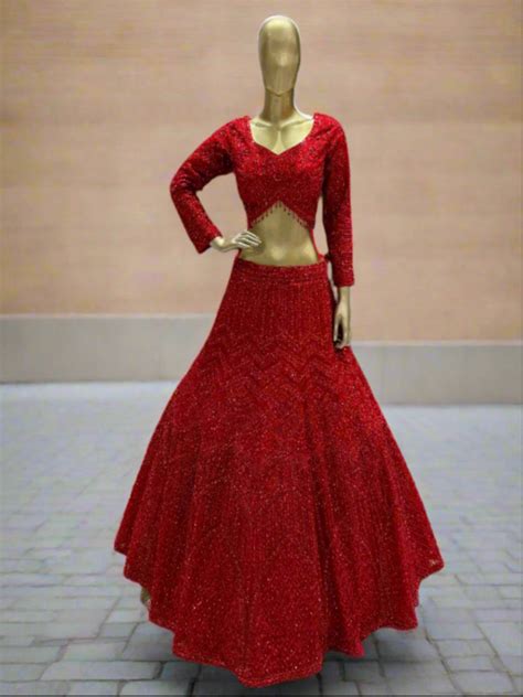 Crimson Red Embroidered Readymade Lehenga – Chhabra 555