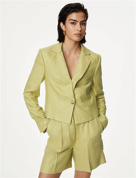 Buy Linen Blend Revere Collar Cropped Blazer at Marks & Spencer