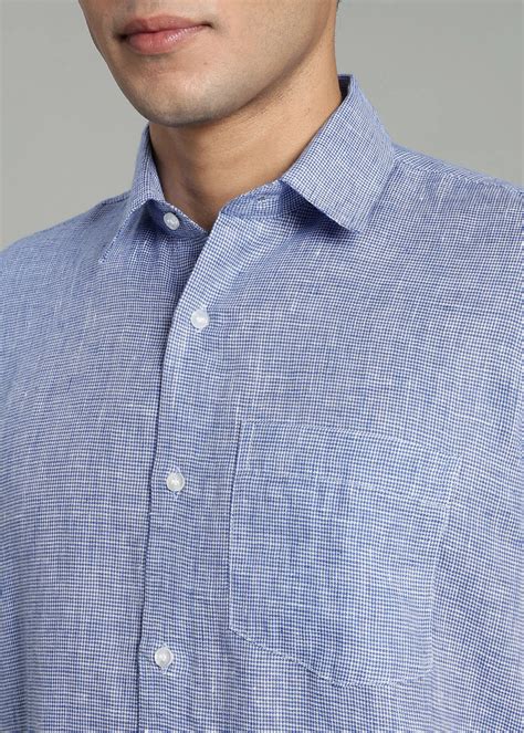 Blue Houndstooth Pure Linen Half Sleeve Shirt – Linen Trail