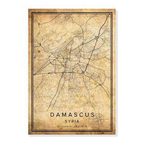 DAMASCUS City Vintage Map Print Syria City Road Map Poster Canvas Wall ...