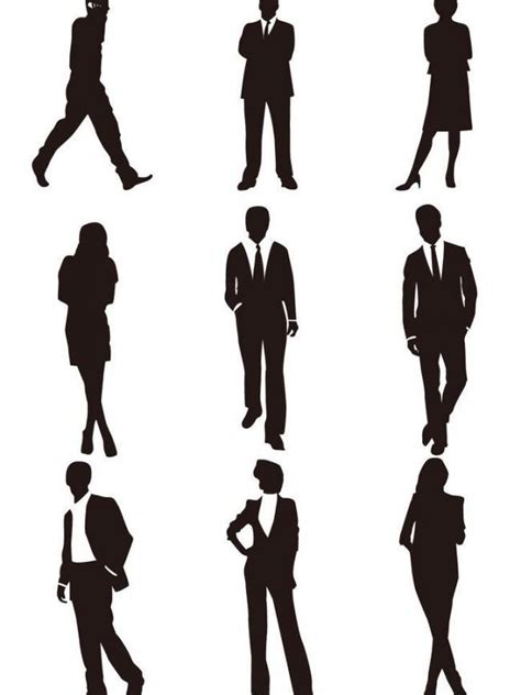 9个人物黑白剪影,矢量图,免费下载 - 绘艺素材网