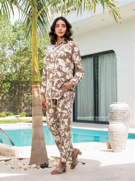 Divena Brown & White Floral Printed Rayon Co-ord Set – divena world