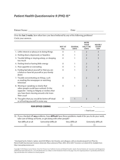 Fillable Online Patient Health Questionnaire-9 (PHQ-9)* - Brush ...