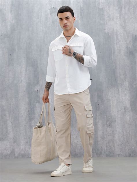 Wrogn Oversized Double Pocket Textured Shirt For Men's | Off White