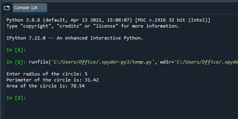 Write python program to print the area and perimeter of a circle ...
