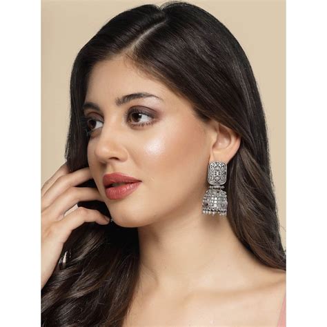 Buy ADIVA Oxidized Silver-Plated Pink Stone Dome Shaped Jhumka Earrings ...