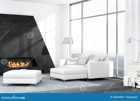 Contemporary White Living Room Interior with Fireplace Stock Photo ...
