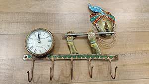 Buy Lord Krishna Playing Flute/Bansuri Iron Key Holder with Clock for ...