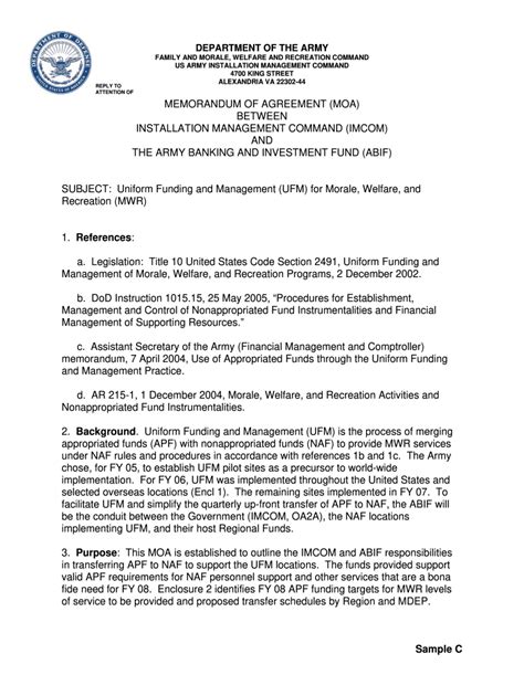 DOD Memorandum of Agreement MOA between Installation Management Form ...