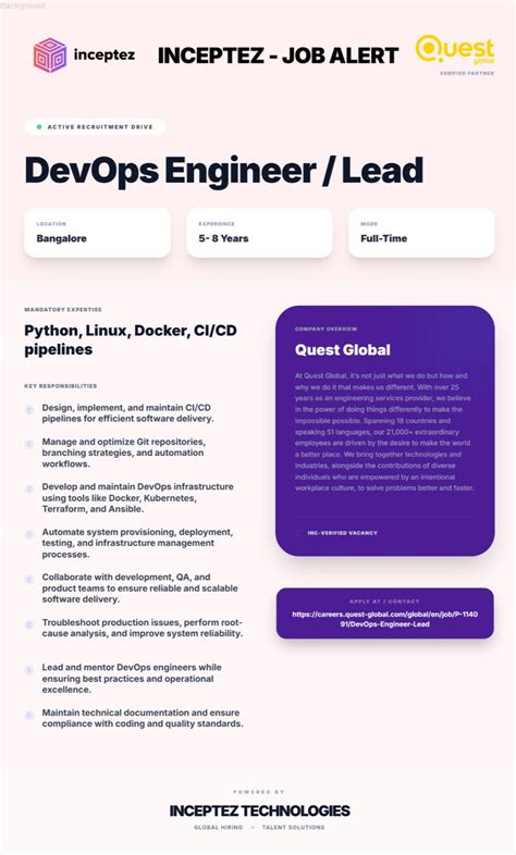 Quest Global is hiring for DevOps Engineer / Lead | Inceptez - Chennai