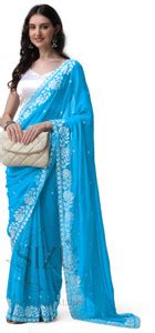 Buy SIZU Embroidered Lucknow Chikankari Art Silk Blue Sarees Online ...