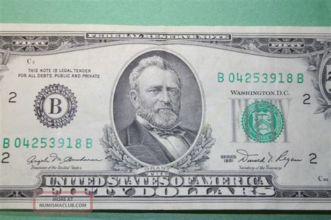 1981 Fifty Dollar Bill Old Small Head Design 50 Note From Frb York, Ny