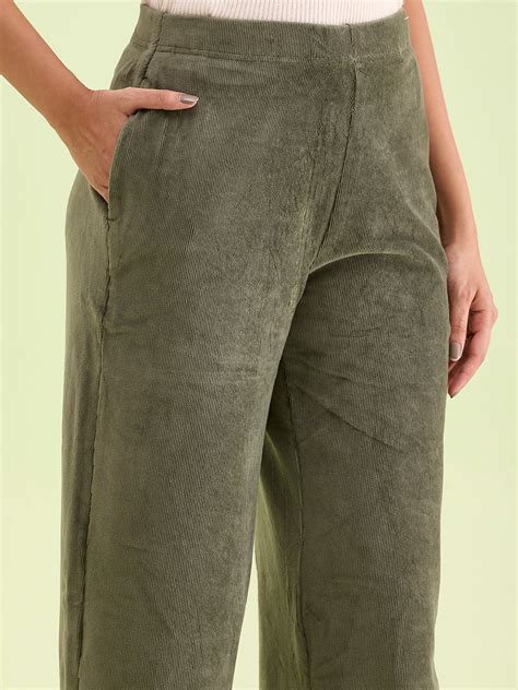 Olive Green Corduroy Wide Pants – Go Colors India