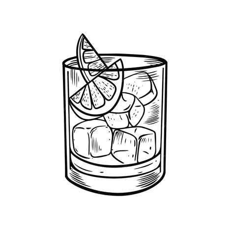 Premium Vector | Hand drawn black color outline cocktail glass with lemon slice and ice cubes.