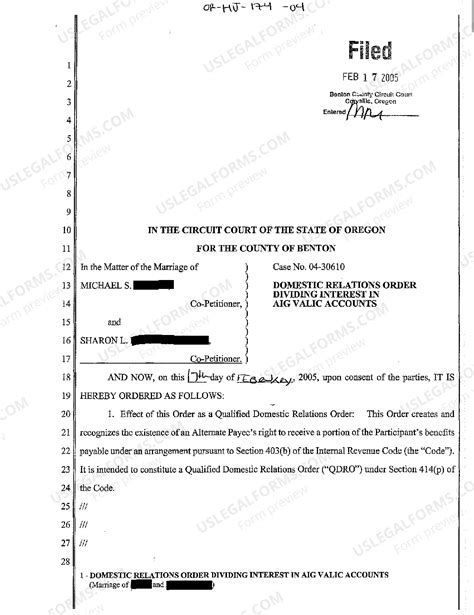 Oregon Domestic Relations Order Dividing Interest in Aig Valic Accounts ...