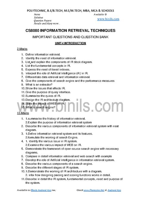 CS8080 IRT - Important Questions & Question Bank Study Guide - Studocu