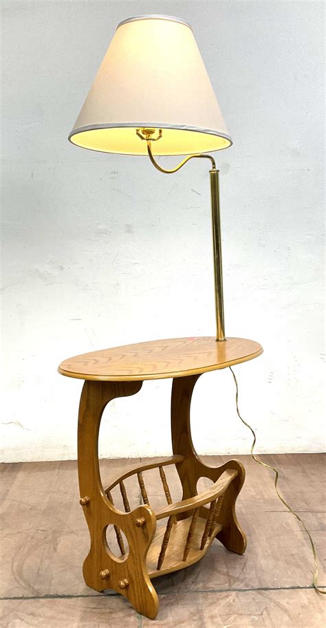 Lot - Vintage Oak Floor Lamp / Table Magazine Rack Combo