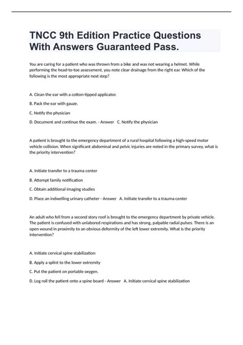 TNCC 9th Edition Practice Questions With Answers Guaranteed Pass ...